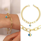 14k Gold | Paperclip & Double Curb Chain Bracelet with Evil Eye Charm