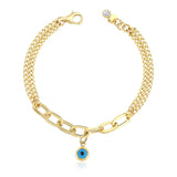 14k Gold | Paperclip & Double Curb Chain Bracelet with Evil Eye Charm