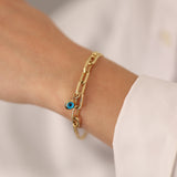 14k Gold | Paperclip & Double Curb Chain Bracelet with Evil Eye Charm