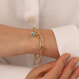 14k Gold | Paperclip & Double Curb Chain Bracelet with Evil Eye Charm