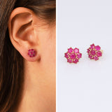 14k Gold | Ruby Hexagon Flower Stud Earrings