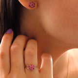 14k Gold | Ruby Hexagon Flower Stud Earrings