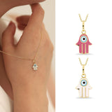 14k Gold | Pink & White Hamsa Necklace