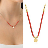 14k Gold | Red Coral Natural Stone Necklace with Coin Charm