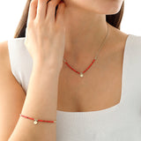 14k Gold | Red Coral Natural Stone Necklace with Coin Charm