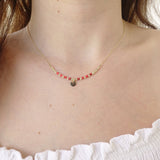 14k Gold | Coral•Lapis•Turquoise Natural Stone Beaded Necklace with Coin Charm