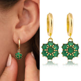 14k Gold | Emerald Hexagon Flower Dangle Earrings