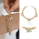 14k Gold | Hammered Oval Links Bracelet with Key, Lock and Star Charms