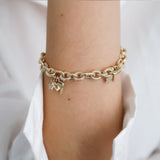 14k Gold | Hammered Oval Links Bracelet with Key, Lock, Star Charms