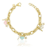 14k Gold | Hammered Oval Links Bracelet with Key, Lock and Star Charms