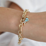 14k Gold | Hammered Oval Links Bracelet with Key, Lock, Star Charms