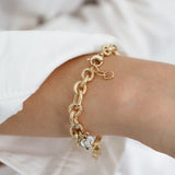 14k Gold | Hammered Oval Links Bracelet with Key, Lock and Star Charms