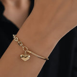 14k Gold | Herringbone & Paperclip Bracelet with Puffy Heart Charm