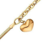 14k Gold | Herringbone & Paperclip Bracelet with Puffy Heart Charm