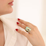 14k Gold | Blue & Black Stripes Dome Ring