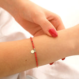 14k Gold | Coral Beaded Bracelet with Engravable Coin Charm