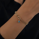 14k Gold | Paperclip & Double Curb Chain Bracelet with Evil Eye Charm