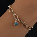 14k Gold | Paperclip & Double Curb Chain Bracelet with Evil Eye Charm