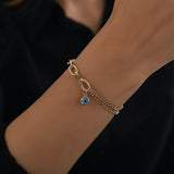 14k Gold | Paperclip & Double Curb Chain Bracelet with Evil Eye Charm