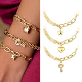 14k Gold | Paperclip & Double Curb Chain Bracelet with Heart Charm