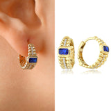 14k Gold | Baugette Blue Zircon Huggie Hoop Earrings with Bezel Setting