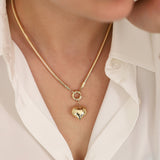 14k Gold | Omega Chain Heart Charm Necklace with Sailor Lock