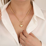 14k Gold | Omega Chain Heart Charm Necklace with Sailor Lock