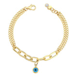 14k Gold | Paperclip & Double Curb Chain Bracelet with Evil Eye Charm