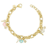 14k Gold | Hammered Oval Links Bracelet with Key, Lock and Star Charms