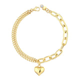 14k Gold | Paperclip & Double Curb Chain Bracelet with Heart Charm